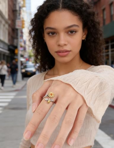 Anxiety Rings for Women – Adjustable Flower Spinner Ring, Daisy & Sunflower Fidget Ring, Gold Plated Calming Jewelry - style: Style 04