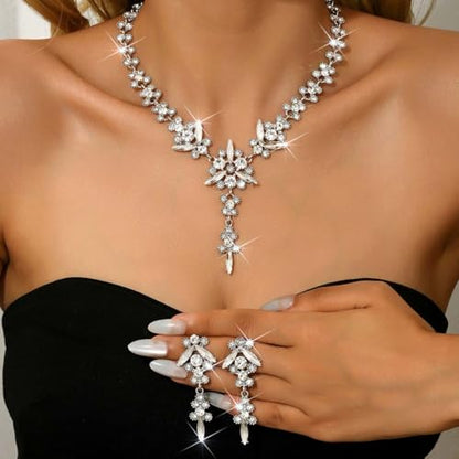 Wedding Jewelry Sets for Brides Rhinestone Necklace and Earring Set Bracelet Ring Gold Silver Prom Jewelry Sets Diamond Flower Teardrop Necklace for Women - color: Style5-Clear