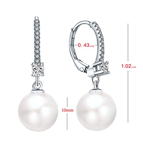 JO WISDOM 925 Sterling Silver Freshwater Pearl Hoop Earrings with Dangle Real Pearl,Simulated Pearls - color: C-10mm white pearl,round shape