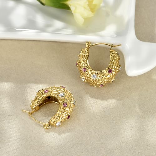 FRUMOS 18K Gold Plated Chunky Hoop Earrings for Women Fashion Thick Gold Hoops Set Jewelry for Birthday Christmas Gifts - color: Gold CZ Paved Chunky Hoop