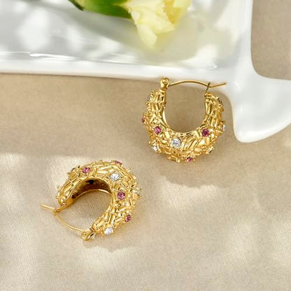 FRUMOS 18K Gold Plated Chunky Hoop Earrings for Women Fashion Thick Gold Hoops Set Jewelry for Birthday Christmas Gifts - color: Gold CZ Paved Chunky Hoop
