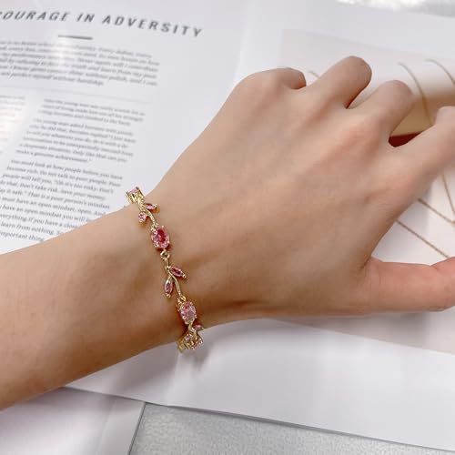 Dainty Crystal Flower Leaf Bracelet for Women Gold-Tone/Silver Plated Sparkling Oval Cz Cubic Zirconia Floral Tennis Bracelets Sweet Fine Bridal Wedding Party Prom Fashion Jewelry 7.28inch - color: Gold-Tone
