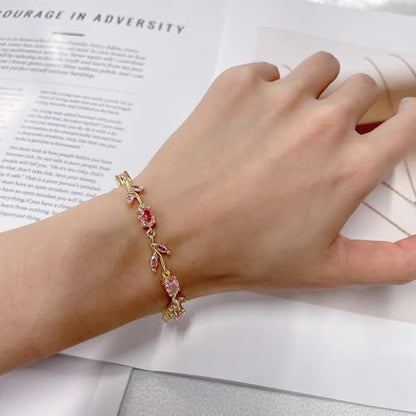 Dainty Crystal Flower Leaf Bracelet for Women Gold-Tone/Silver Plated Sparkling Oval Cz Cubic Zirconia Floral Tennis Bracelets Sweet Fine Bridal Wedding Party Prom Fashion Jewelry 7.28inch - color: Gold-Tone
