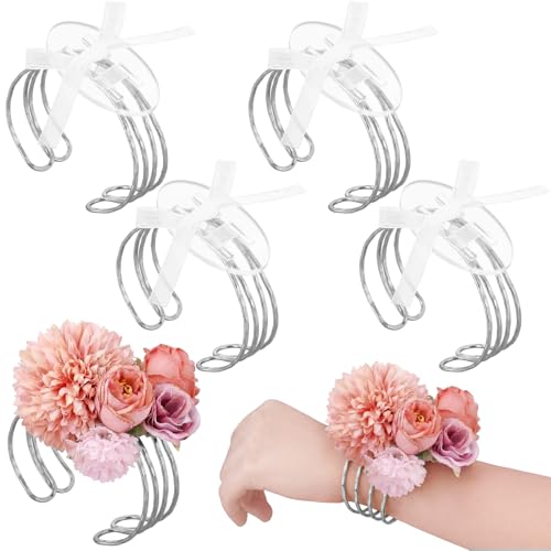 Hotop 4 Set Sliver Cuff Corsage Bracelets for Women Hammered Wrist Corsage Adjustable Cuff Bangle with Ribbon Minimalist Stackable Jewelry for Wedding Bridesmaid Bridal Party Prom - color: Silver, style: Layered Hammered