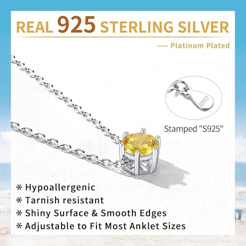 ChicSilver 925 Sterling Silver Anklets for Women, Simple Dainty Round/Heart Birthstone Ankle Bracelet Beach Foot Jewelry, 8.7-10.7 Inch Adjustable - color: 11. Round - November(Yellow Topaz)