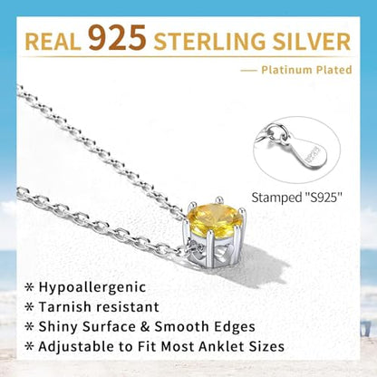 ChicSilver 925 Sterling Silver Anklets for Women, Simple Dainty Round/Heart Birthstone Ankle Bracelet Beach Foot Jewelry, 8.7-10.7 Inch Adjustable - color: 11. Round - November(Yellow Topaz)