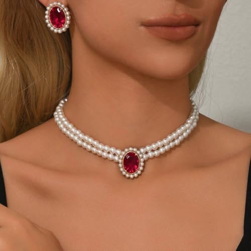 CSIYANJRY99 Pearl Necklace and Earring Set Faux Pearl Jewelry Sets for Women Imitation Beaded Pearl Necklace Bracelet Stud Earrings for Women - color: Red Zircon Pearl Set