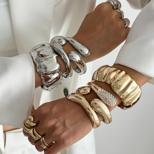 Chunky Gold Bangle Bracelets for Women Trendy Irregular Statement Cuff Bracelets Stack Wide Minimalist 3PCS Bangle Set Jewelry - style: Gold A