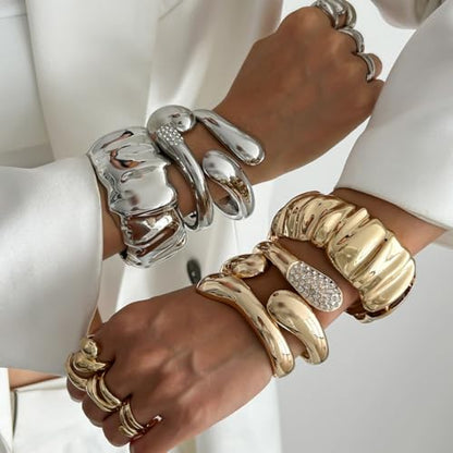 Chunky Gold Bangle Bracelets for Women Trendy Irregular Statement Cuff Bracelets Stack Wide Minimalist 3PCS Bangle Set Jewelry - style: Gold A