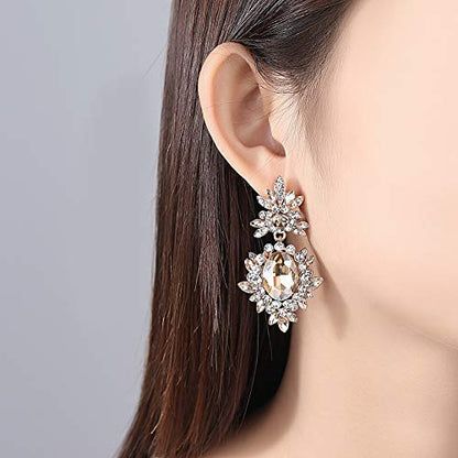 Flower Teardrop Bridal Wedding Dangle CZ Earrings in Silver/Gold Tone for Women Girl Bride Gift … - color: A-Gold