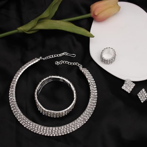Silver Plated Elegant Necklace Earrings Bride Bridesmaid Jewelry Sets for Wedding Prom Crystal Jewelry Set for Women Costume Accessories - color: 014-Silver Plated