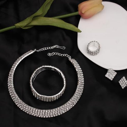 Silver Plated Elegant Necklace Earrings Bride Bridesmaid Jewelry Sets for Wedding Prom Crystal Jewelry Set for Women Costume Accessories - color: 014-Silver Plated