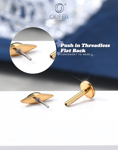 OUFER G23 Titanium Threadless Flat Back Stud, Marquise CZ Cartilage Earring, 18G Minimalist Helix Tragus Flat Piercing Jewelry for Sensitive Ears, 6mm Post - color: Gold --Clear