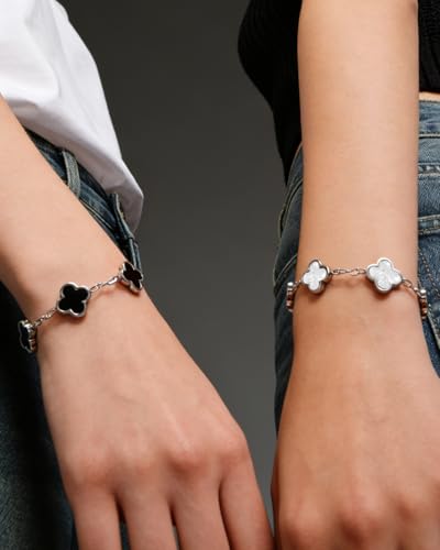 Four Leaf Clover Bracelet 18K Gold Plated Bracelets for Women Lucky Flower Design Stainless Steel Hypoallergenic Link Chain Adjustable Dainty Trendy Jewelry Gifts for Women - color: Silver Black+White