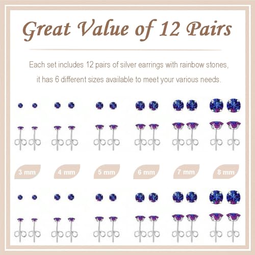 12 Pairs Stud Earrings Set, Hypoallergenic Surgical Stainless Steel 316L Earring for Women Men, Small Earring Studs Pack with Cubic Zirconia - color: Rainbow-6 Sizes-3，4，5，6，7，8