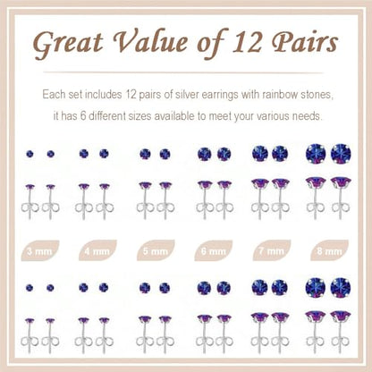 12 Pairs Stud Earrings Set, Hypoallergenic Surgical Stainless Steel 316L Earring for Women Men, Small Earring Studs Pack with Cubic Zirconia - color: Rainbow-6 Sizes-3，4，5，6，7，8