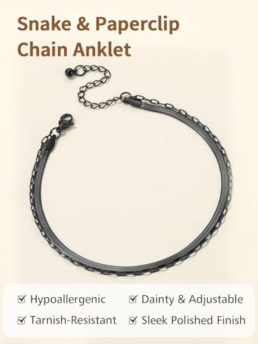 FindChic Ankle Bracelets for Women, Silver/Black/Gold Plated Layered Stainless Steel Anklets, Non-Tarnish Adjustable Waterproof Trendy Foot Jewelry for Beach Summer - style: Snake & Paperclip Chain-Black