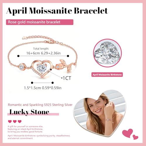 1CT Rose Heart Birthstone Bracelet for Women Love Gift - style: 04-April Moissanite Rose Gold