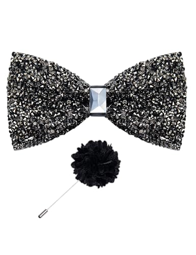 DiBanGu Mens Rhinestone Bow Tie with Ring and Lapel Pin Set | Adjustable Strap,Pre-tied Style,3PCS,Sequin Diamond Bowties，Solid/Mix Color,Shiny Accessory,for Party Prom Banquet Wedding - color: Dark Grey
