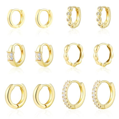 Wgoud Small Gold Hoop Earrings Set for Women, 6 Pairs 14K Gold Plated Hypoallergenic Lightweight Huggie Hoops Earrings, Trendy Cartilage Cubic Zirconia Earrings for Women Gifts. - color: A-Gold