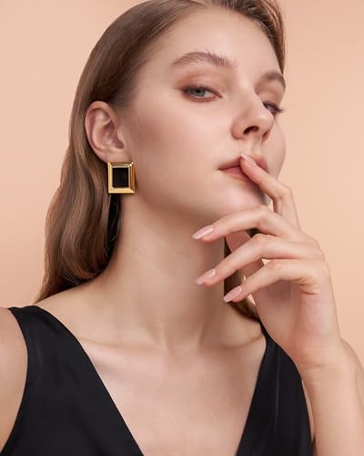 18K Gold Plated Burgundy Maroon Black Large Chunky Thin Ribbed Chamfered Square Geometric Dangle Stud Statement Earrings for Women by SNGIA , Big Tropical Button Bohemian Handmade Trendy Baroque Enamel Vacation Summer Chandelier Drop Jewelry Gifts, Rectan