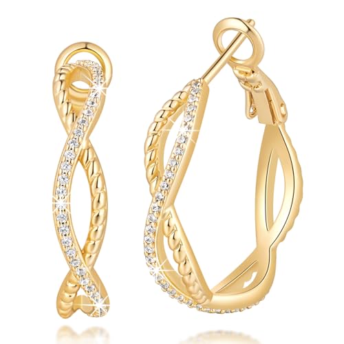Gold Hoop Earrings for Women 14K Gold Earrings for Women | Twist CZ Gold Hoop Earrings 14K Gold Hoop Earrings Hypoallergenic Lightweight Gold Hoop Earrings for Women 20/25/30/40/50mm - size: 25MM