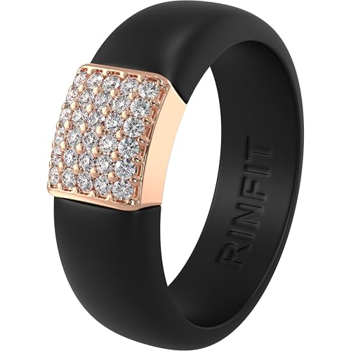 Rinfit Silicone Ring with Metal Plate & CZ for Women | AAAAA Grade Cubic Zirconia Stones, Flexible Rubber Wedding Band, Comfortable Fit, Engagement Ring for Her, Patented Design - color: Pack B: Black and Rose Gold
