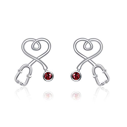 Stethoscope Earrings 925 Sterling Silver Heart Studs Earrings 12 Months Birthstone Crystals from Austria, Graduation Jewelry Gifts for Nurse Doctor RN Medical Student - color: Simulated Ruby