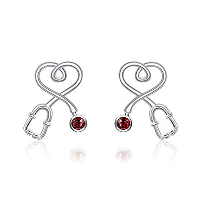 Stethoscope Earrings 925 Sterling Silver Heart Studs Earrings 12 Months Birthstone Crystals from Austria, Graduation Jewelry Gifts for Nurse Doctor RN Medical Student - color: Simulated Ruby