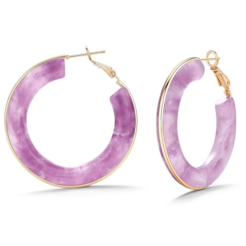 Chunky Gold Resin Hoop Earrings Leverback Statement Huggie Hoops Dangle Drop Dressy Earring Prom Festival Vacation Jewelry for Women - color: Purple, size: Hoop
