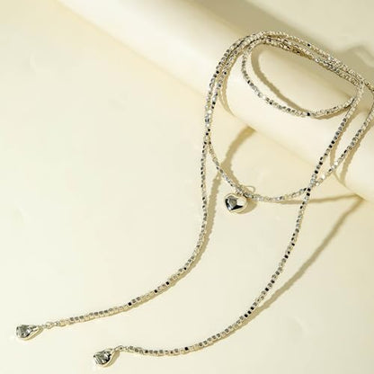 Chunky Puffy Heart Layered Gold Choker & Green Beaded Lariat Necklace with Baroque Pearl Drops, Adjustable Wrap Y Style Bohemian Jewelry Fashion Accessory for Women Gifts - color: silver