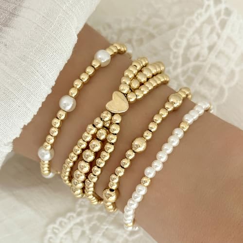 Pearl Bracelets for Women Simulated Pearl Beaded Bracelet White Pearls Stackable Stretch Bracelet Set Multilayered Elastic Pearls Bracelets for Women Bridesmaid Bridal Jewelry - color: gold heart