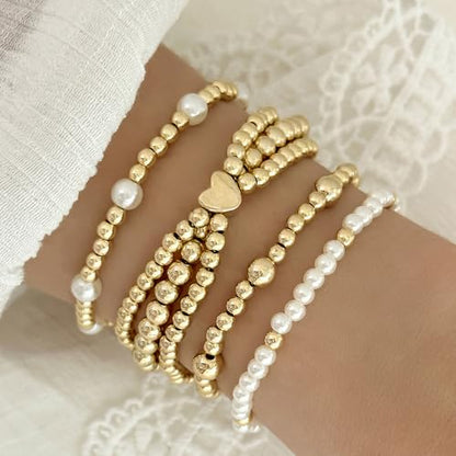 Pearl Bracelets for Women Simulated Pearl Beaded Bracelet White Pearls Stackable Stretch Bracelet Set Multilayered Elastic Pearls Bracelets for Women Bridesmaid Bridal Jewelry - color: gold heart