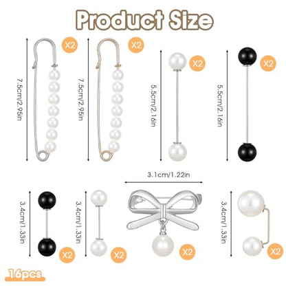 24/16 Pcs Pearl Brooch Pins Set, Decorative Safety Pin | Pant Waist Tightener Pins for Clothes Sweater Shawl Hat Clips White Collar Clips for Cardigan Dress Sweater - style: Pearl Style