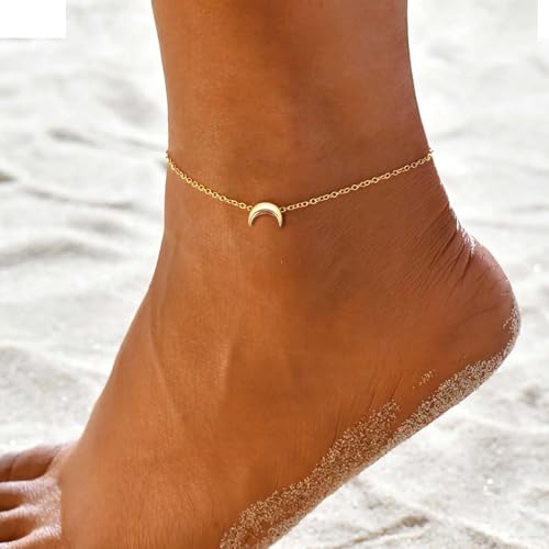 ChicSilver Personalized 925 Sterling Silver Tiny Heart/Moon/Star/Sun/Dot/Triangle Anklets Simple Dainty Foot Jewelry for Women, Silver/Gold Plated/Rose Gold Plated - style: Gold Moon Custom