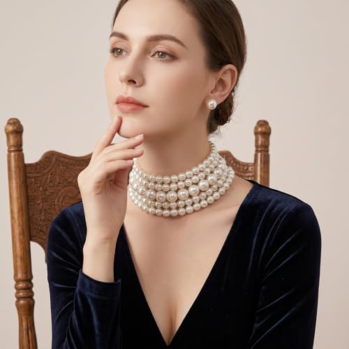 5 Layers Round Imitation Pearl Choker Necklace, Vintage White Multi-Strand Pearlchoker Necklaces for Women Bridal Wedding Party