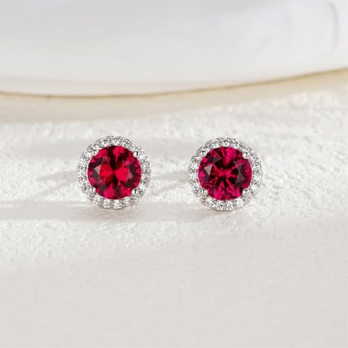 YOMELA Round Cubic Zirconia Stud Earrings for Women | Everyday Dainty, Diamond-Like Brilliance, CZ Halo Birthstone Studs, Hypoallergenic & Lightweight, Elegant & Versatile - color: Ruby Red