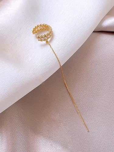 Long Chain Cuff Earrings Gold Silver Wrap Tassel Earrings Minimalist Cz Round Stud With Chain Cuff Double Piercing Jewelry Statement Fake Earrings for Women - color: style2-gold-1pcs