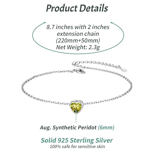 ChicSilver 925 Sterling Silver Anklets for Women, Simple Dainty Round/Heart Birthstone Ankle Bracelet Beach Foot Jewelry, 8.7-10.7 Inch Adjustable - color: 08. Heart - August(Peridot)