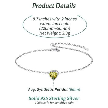 ChicSilver 925 Sterling Silver Anklets for Women, Simple Dainty Round/Heart Birthstone Ankle Bracelet Beach Foot Jewelry, 8.7-10.7 Inch Adjustable - color: 08. Heart - August(Peridot)