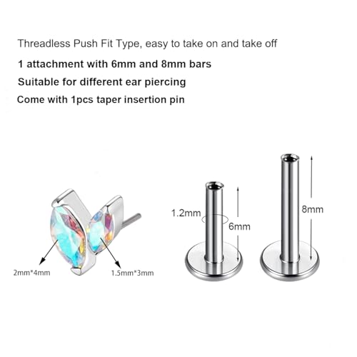 G23 Titanium Flat Back Earrings Studs 16g F136 Implant Grade Titanium Labrets Press Fit Threadless Push In Dainty Cartilage Helix Conch Lobe Lip Tragus Piercing Jewelry - style: 1pcs 2eye AB