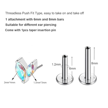 G23 Titanium Flat Back Earrings Studs 16g F136 Implant Grade Titanium Labrets Press Fit Threadless Push In Dainty Cartilage Helix Conch Lobe Lip Tragus Piercing Jewelry - style: 1pcs 2eye AB