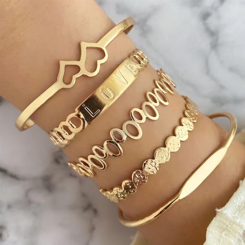 IFKM Gold Bangle Bracelets For Women, 14k Gold Plated Multi Layer Stackable Cuff Bracelet Set, Trendy Elegance Charms Non Tarnish Minimalist Textured Boho Jewelry Gift for Women - style: LOVE both