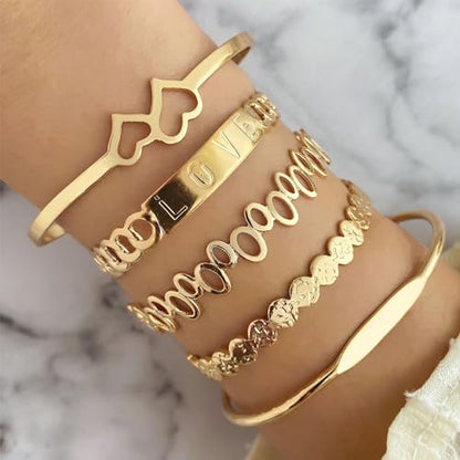 IFKM Gold Bangle Bracelets For Women, 14k Gold Plated Multi Layer Stackable Cuff Bracelet Set, Trendy Elegance Charms Non Tarnish Minimalist Textured Boho Jewelry Gift for Women - style: LOVE both