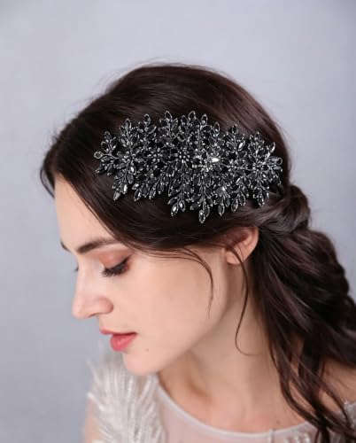 Bridal Rhinestone Hair Comb Large Rhienstone Wedding Headpiece Handmade Crystal Hair Comb for Bride Wedding Hair Accessories for Women (black) - color: black