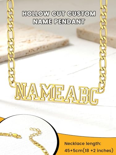 GoldChic JEWELRY Name Necklace Personalized for Men, Womens Custom Name Plate Chain, Stainless Steel Customized Old English Nameplate Choker with Curb Chains Custom, 16 inches to 30 inches - color: Figaro Chain 6 mm - Gold