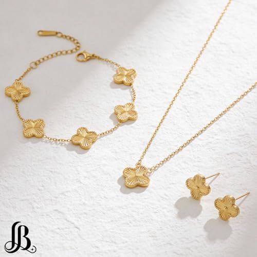 Clover Necklace Pendant Earring Bracelet Set | Designer Necklace Earring Bracelet Jewelry Set | Lovely Gift - color: Gold