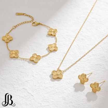Clover Necklace Pendant Earring Bracelet Set | Designer Necklace Earring Bracelet Jewelry Set | Lovely Gift - color: Gold