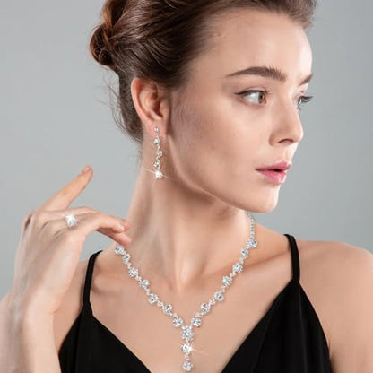 MEDOJO 10Pcs Silvery Rhinestone Jewelry Set for Women Bride Wedding Prom Jewelry Evening Rhinestone Sparkly Clutch Purse Bag Necklace Tennise Layered Bracelets CZ Ring Crystal Drop Earring Set Silvery Shiny Costume Kit - color: Silvery