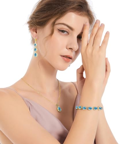 LMXXVJ Necklace Long Earrings Bracelet Set, White Gold Plated Created Blue Sapphire Jewelry Set Wedding Party Gift Jewelry for Women Bridal Bridesmaid - color: Gold-Sky Blue